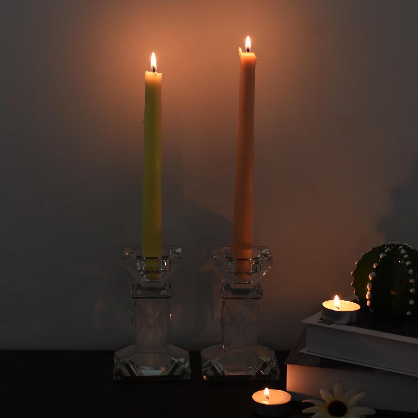 Marvala Crystal Candle Holders Set of 2, Double-Sided Design for Tea Lights & Taper Candles, Decorative Lighting Centerpiece for Home Decor, Wedding, Gift (Holiday, Birthday, Housewarming)