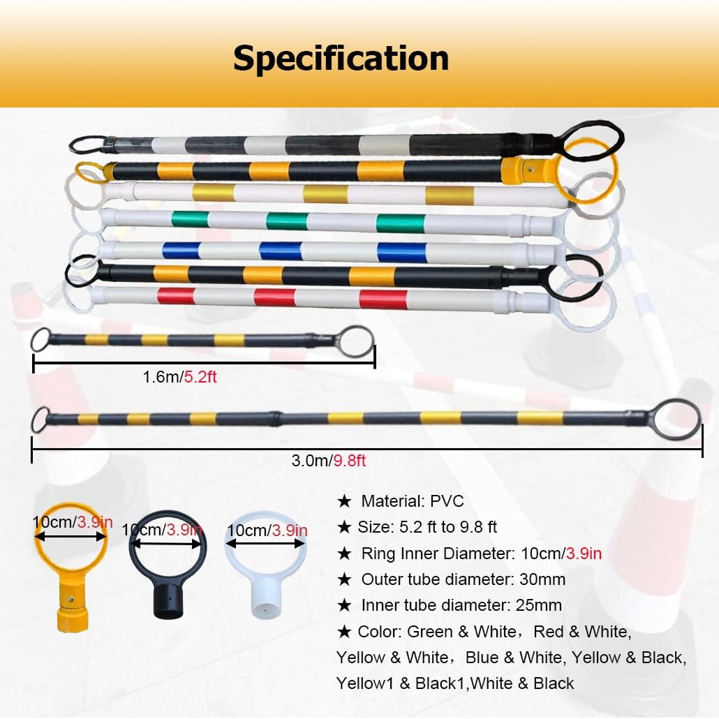 5-10 ft Retractable Traffic Cone Barrier, 5 Pcs Telescopic Safety Poles with Reflective Tape, Black & White, Ideal for Traffic Control, Safety, and Emergency Use