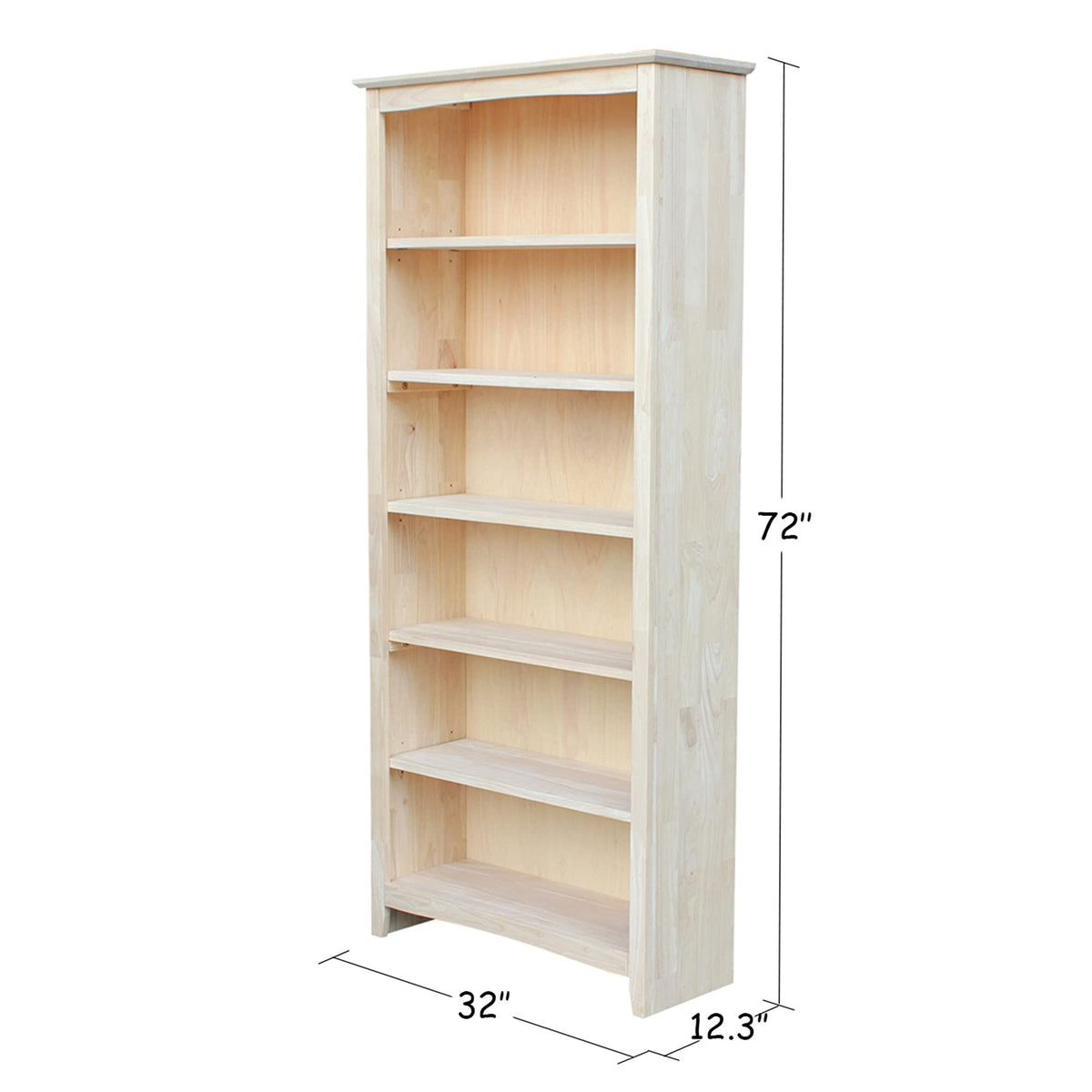 International Concepts Shaker Bookcase 72-Inch Tall, Solid Parawood, 5-Shelf Adjustable Storage Bookshelf for Living Room/Office, Unfinished Furniture