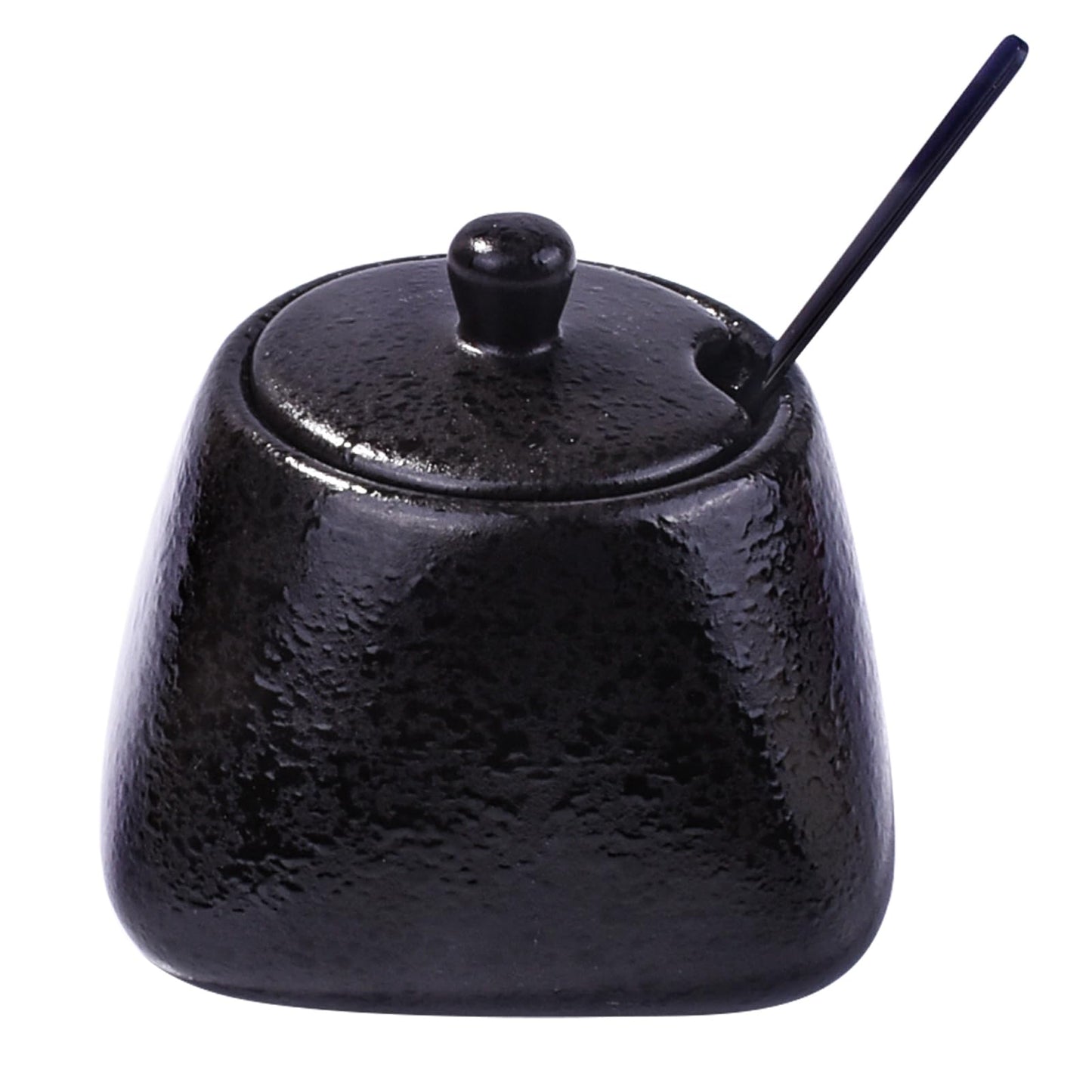 BOSILI Japanese Black Sugar Bowls with Lid Ceramic Salt Container with Stainless Steel Spoon for Sugar Pepper Spices