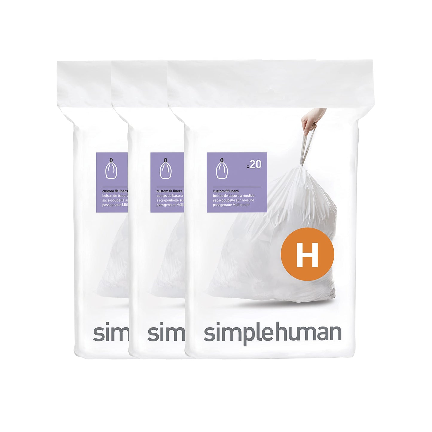 simplehuman Code H 60 Liners, 50% Recycled Custom Fit Bin Bags in Dispenser Packs with Durable Drawstring Tie Handle, 30-35L, White