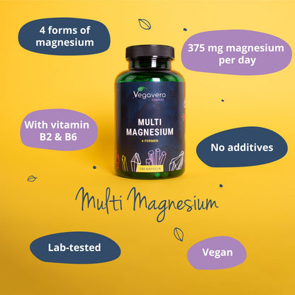 Vegavero Advanced Multi Magnesium Complex | with 4X Chelated Forms: Citrate, Bisglycinate, Malate & Taurate | Vitamins B6 & B2 for Superior Absorption | 180 Vegan Capsules | NO Additives