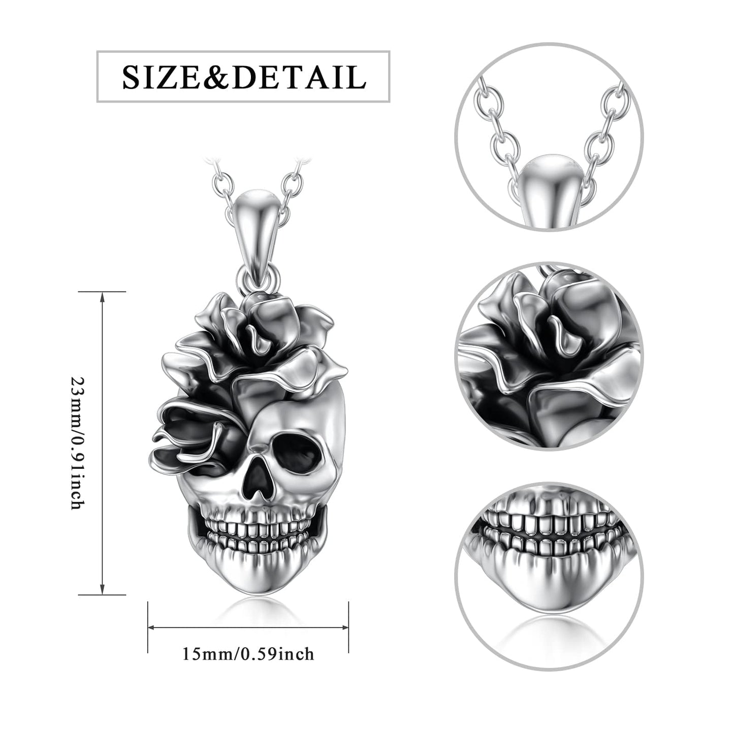 Seiyang Skull Necklace for Women Sterling Silver Goth Skulls Rose Pendant Halloween Necklaces Skull Jewelry Gift for Women Men Halloween (Rose Skulls Necklace)