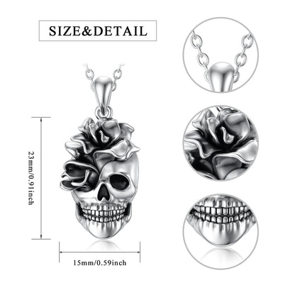 Seiyang Skull Necklace for Women Sterling Silver Goth Skulls Rose Pendant Halloween Necklaces Skull Jewelry Gift for Women Men Halloween (Rose Skulls Necklace)