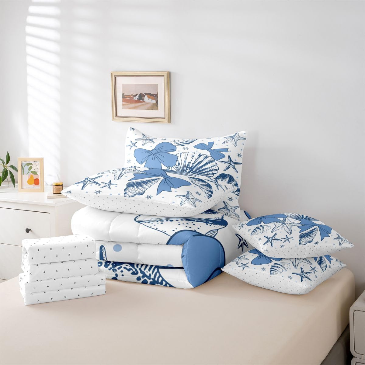 Feelyou Starfish Beach Comforter Set with Sheets 7 Piece King Size Blue Bow Bedding Set for Kids Boys Girls Ocean Marine Shell Bed in a Bag Bow Knot Print Room Decor Coastal Beach Ocean