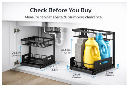Under Sink Organizer 2 Tier Sliding Storage Rack – Carbon Steel Pull Out Cabinet Shelf for Kitchen & Bathroom, Heavy Duty Metal Under Cabinet Organizer.
