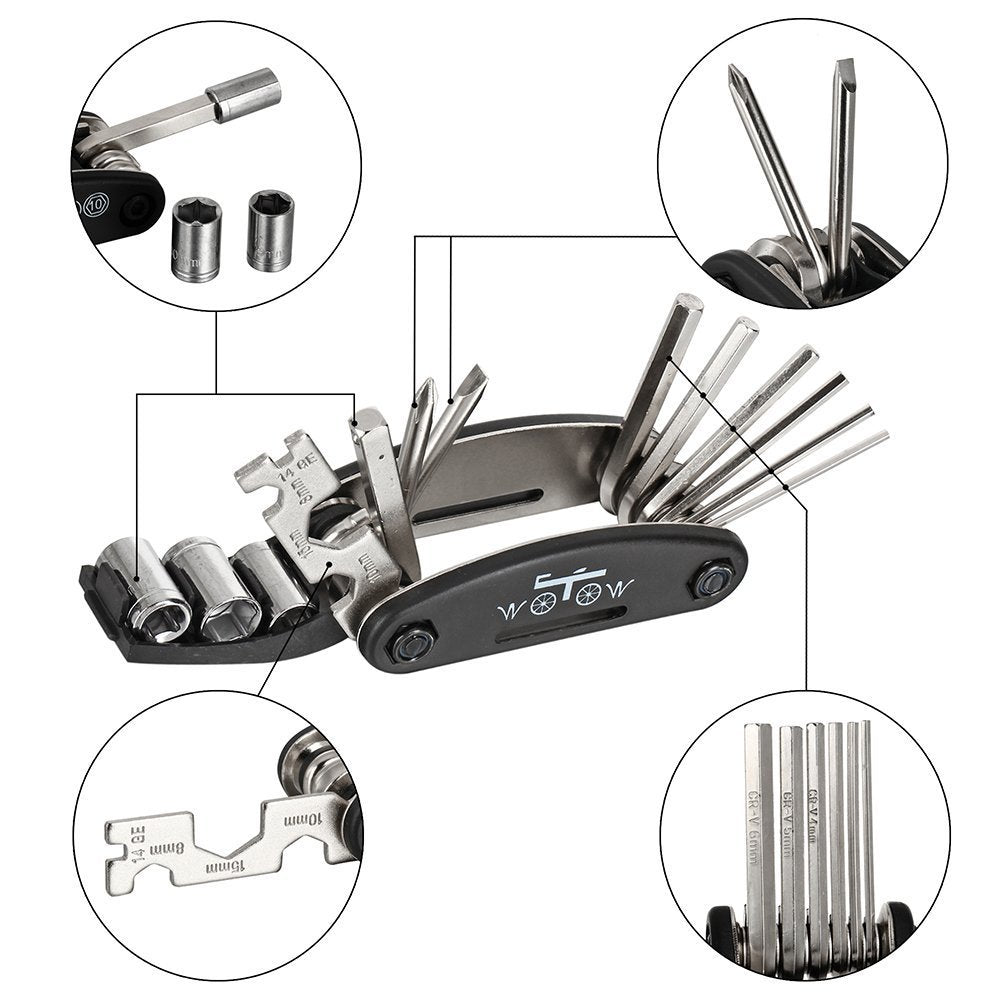 WOTOW Bike Repair Tool Kit, 16 in 1 Bicycle Multitool with Tire Levers Hex Spoke Wrench, Multi Function Accessories Set for Road Mountain Bikes