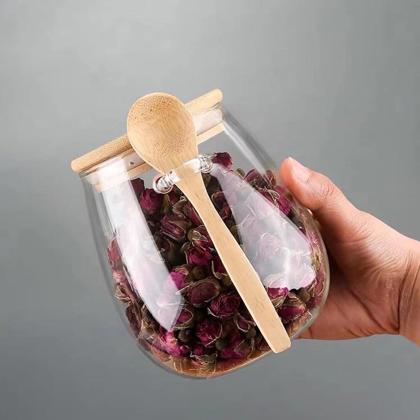 DNIENKGE Airtight glass jar storage container with bamboo lid Set of 4, wide mouth, leak-proof, With a spoon, can be used for coffee beans, tea leaves, grains, dried fruits, etc (Small*4pcs)