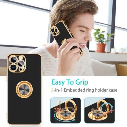 Fingic iPhone 13 Pro Max Case with Ring Stand, 360 Rotatable Magnetic Kickstand, Slim Fit Soft TPU, Black/Gold
