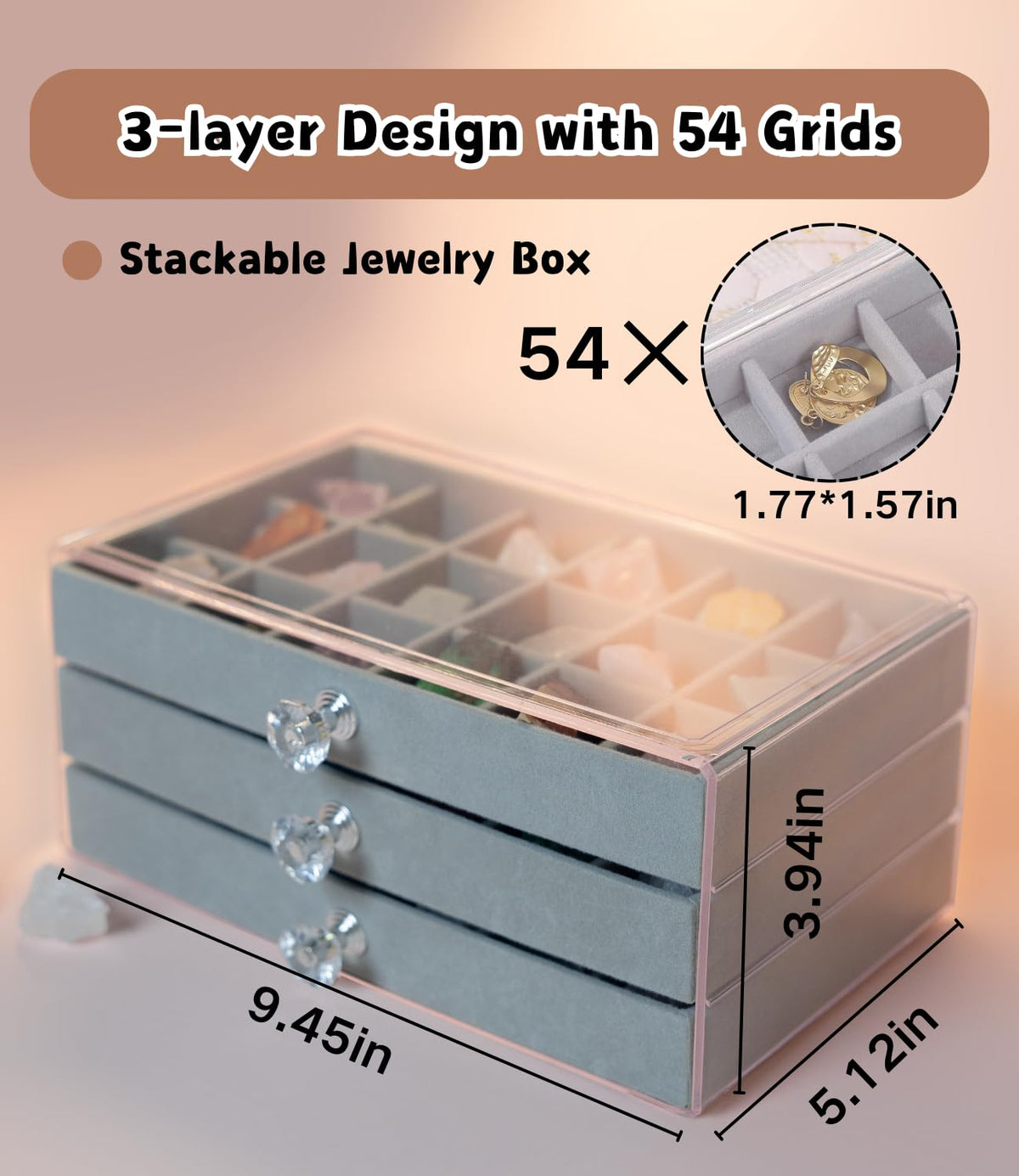 Acrylic Mineral Display Case - 3-Layer Rock Collection Box with 54 Grids & Velvet Lined Drawer | Anti-Tarnish & Dust-Proof Storage for Crystals, Gemstones, Fossils | Jewelry and Specimen Organizer