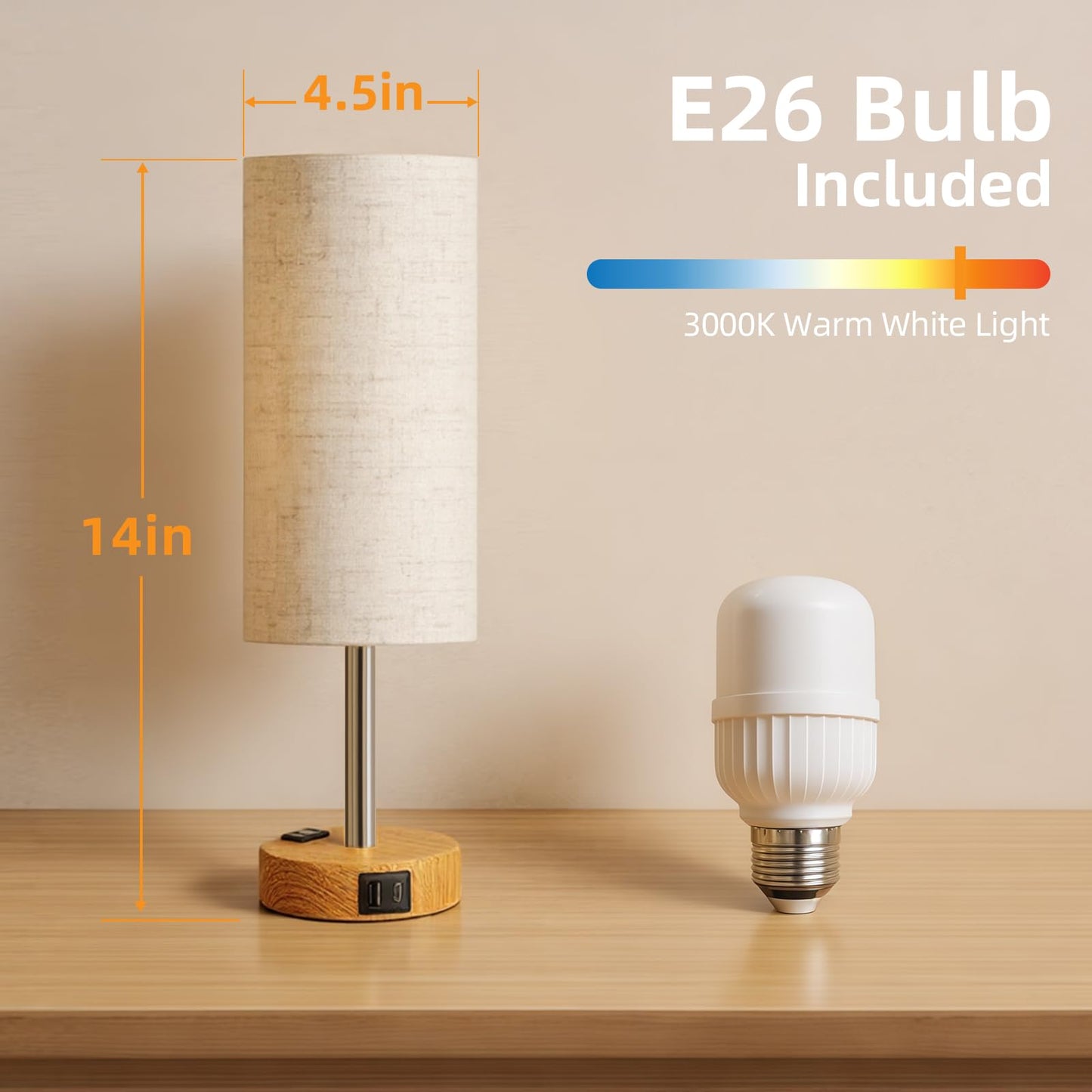 Fitfull Table Lamp for Nightstand, High-Sensitivity Touch, 3-Level Dimmable Bedside Lamp with AC Outlet | USB | and USB-C, Ideal Night Stand Lamp for Bedroom, Reading, Living Room(Warm&Wooden)