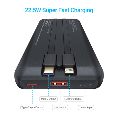 Antteez Portable Charger with Built in Cable - 10000mAh Fast Charging 22.5W Power Bank USB C LED Display Travel Battery Pack 4 Outputs & 2 Inputs for iPhone Samsung iPad Phones Tablets