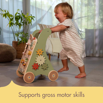 Tiny Love Wooden Baby Walker, Activity Walk Behind, 2-in-1 Activity Walker, 12 Interactive Activities, Supports Motor Skills, Cognitive Development, Comfortable Natural Design, 18+ Months, Boho Chic