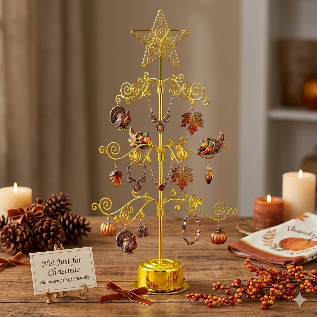 HOHIYA 24” Rotating Ornament Display Tree Stand 36 Hooks Metal Tabletop Display Rack for Christmas Ornaments Halloween Decor Craft Show Display Heavy Duty Brass Gold