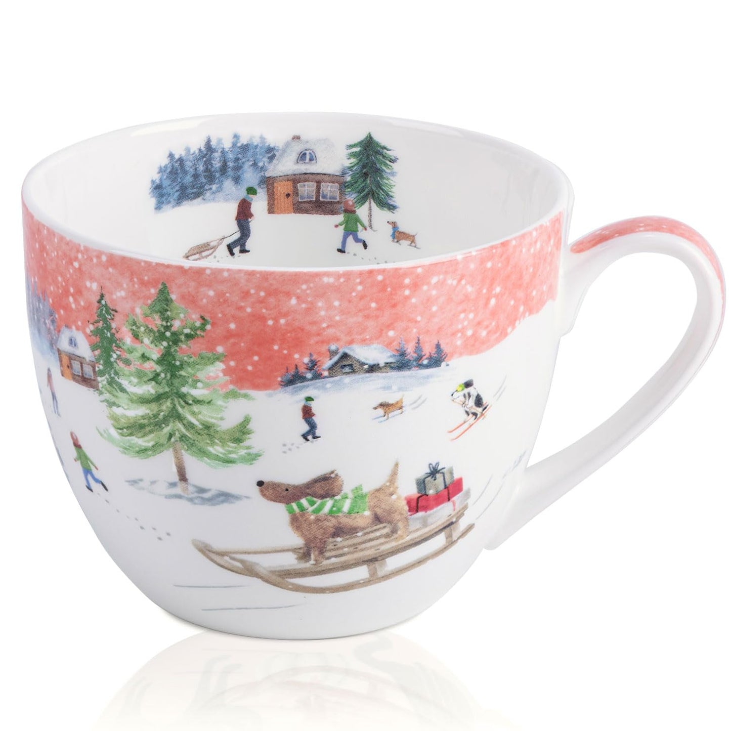 MFoffice Christmas Sled Dog Mug - 20 oz Bone China Coffee Tea Hug Mug with Pink Winter Sky & Snow Trees, Holiday and Christmas Gift for Friends & Family - Designed in England by Harvest Green Studio
