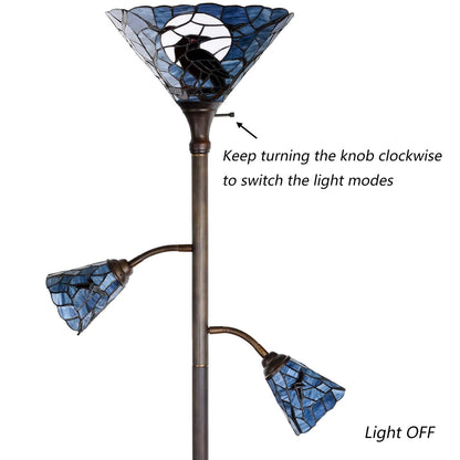 Bieye L10957 Raven Sitting on Bare Tree Branch in Full Moon Night Tiffany Style Stained Glass Torchiere Floor Lamp with Sidelights for Reading Home Decor, 70-inches Tall (Dark Blue)