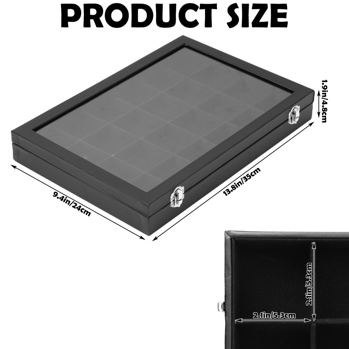 Acrux7 2 Pack Rock Collection Display Case, 24 Grid Rock Display Case, Black PU Leather Rocks Collection Box with Clear Glass Lid and Soft Velvet Grids for Collectibles, Gemstone, Crystal, Small Stone