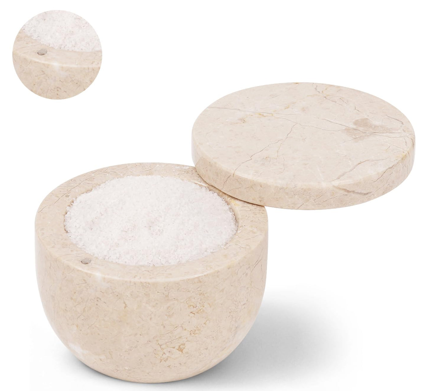EARTHEN CRAFTS Marble Salt Cellar With Magnetic Closure Lid 4" Inch Salt Box, Salt and Spice Jar Beige Stone Salt Storage Container, Salt Holder, Salt Keeper for Kitchen Countertop, 5.6 OZ