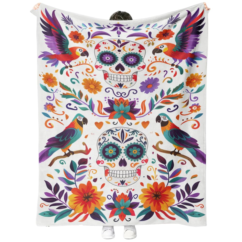 YWZDS Sugar Skull Fleece Blanket, Day of The Dead Design with Parrots and Flowers, Colorful Mexican Folk Art Theme, Halloween Blankets Fuzzy Gifts for Sofa Couch Bedroom (30 x 40 inch)