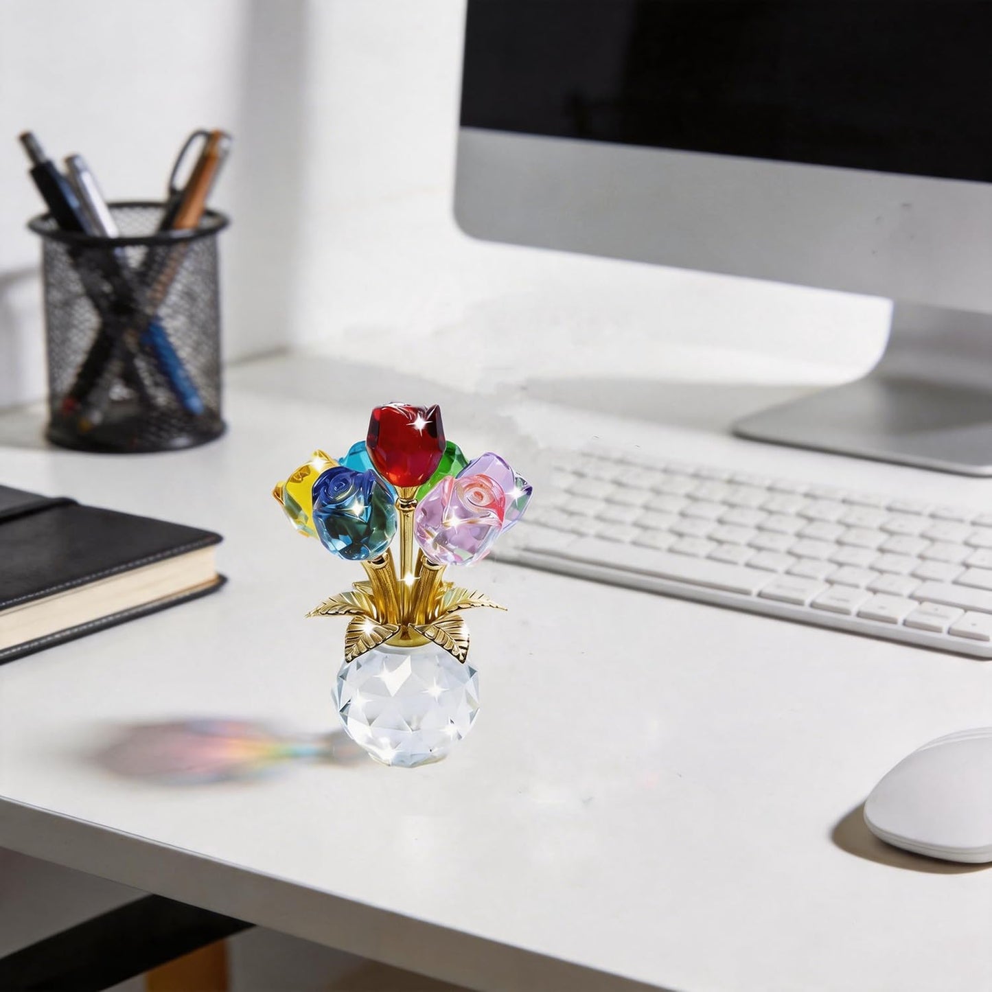 TWINKLING Crystal Roses Figurine with Round Vase, Glass Rose Crystal Flowers Bouquet, Birthday, Anniversary,Wedding, Home Décor,Silver Leaf (Multicolor)
