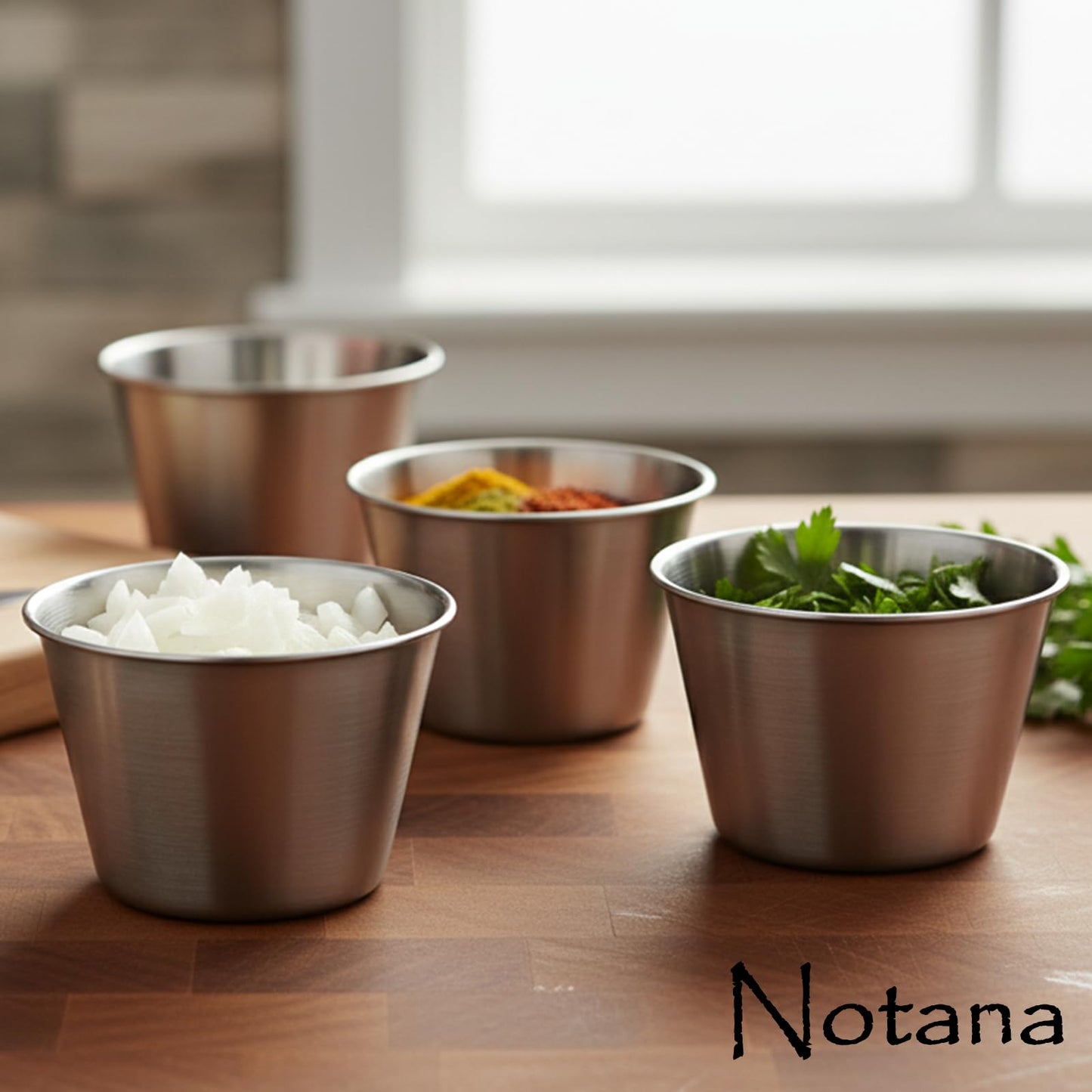 Notana Smooth Stainless Steel Round Cup - 2.5 oz Metal Sauce Cup Set - Stainless Steel Ramekin for Kitchen Use, Restaurant Stainless Sauce and Dipping Cup 12 Pack
