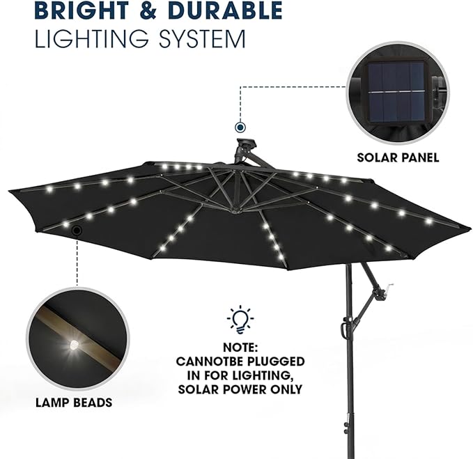 wikiwiki 10ft Solar LED Patio Umbrella with Base Included, Offset Umbrella with Weighted Sandbag Base, Cantilever Patio Umbrellas for Backyard, Garden & Deck, 32 LED Lights & Polyester Shade, Black