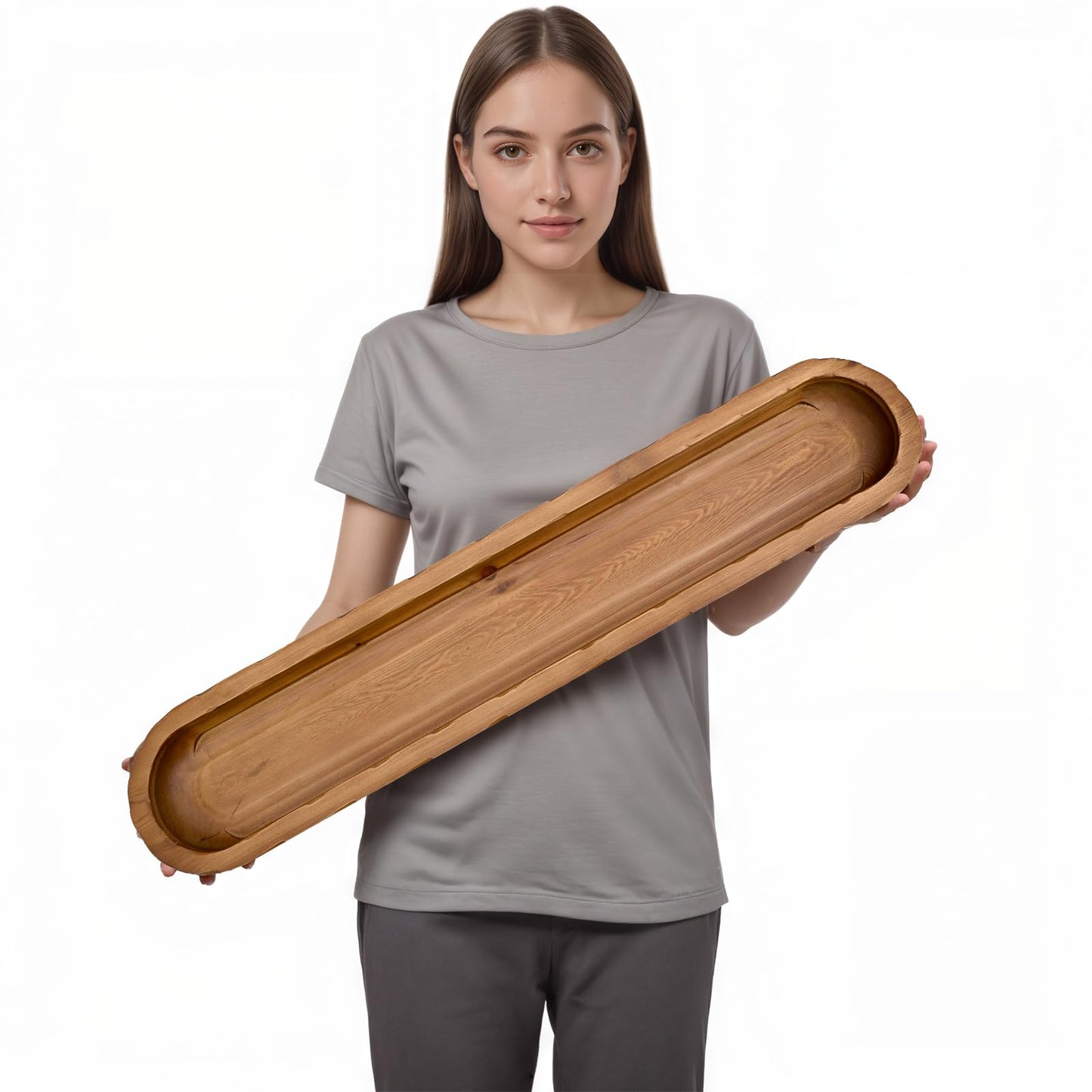 SwallowLiving Rustic Hand Carved Decorative Wood Dough Bowl, Approx 30-Inch Large Bread-Shaped Centerpiece, Long Wooden Bowl for Home Decor