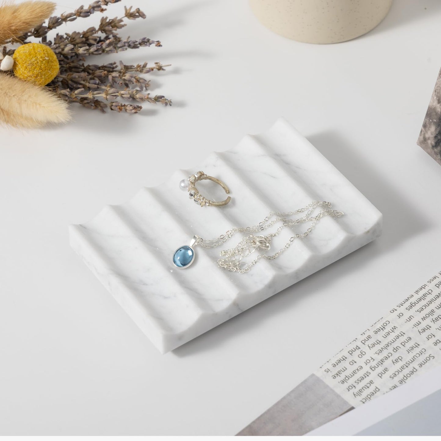 Carrara Marble Soap Dish - Self Draining Holder Keeps Soap Dry, Rectangular Tray for Shower, Bathroom & Jewelry Display (White)