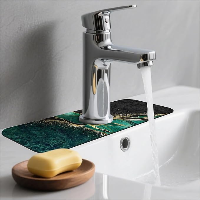 Kitchen Sink Splash Guard，Black and green gold marble Faucet Mat Sink