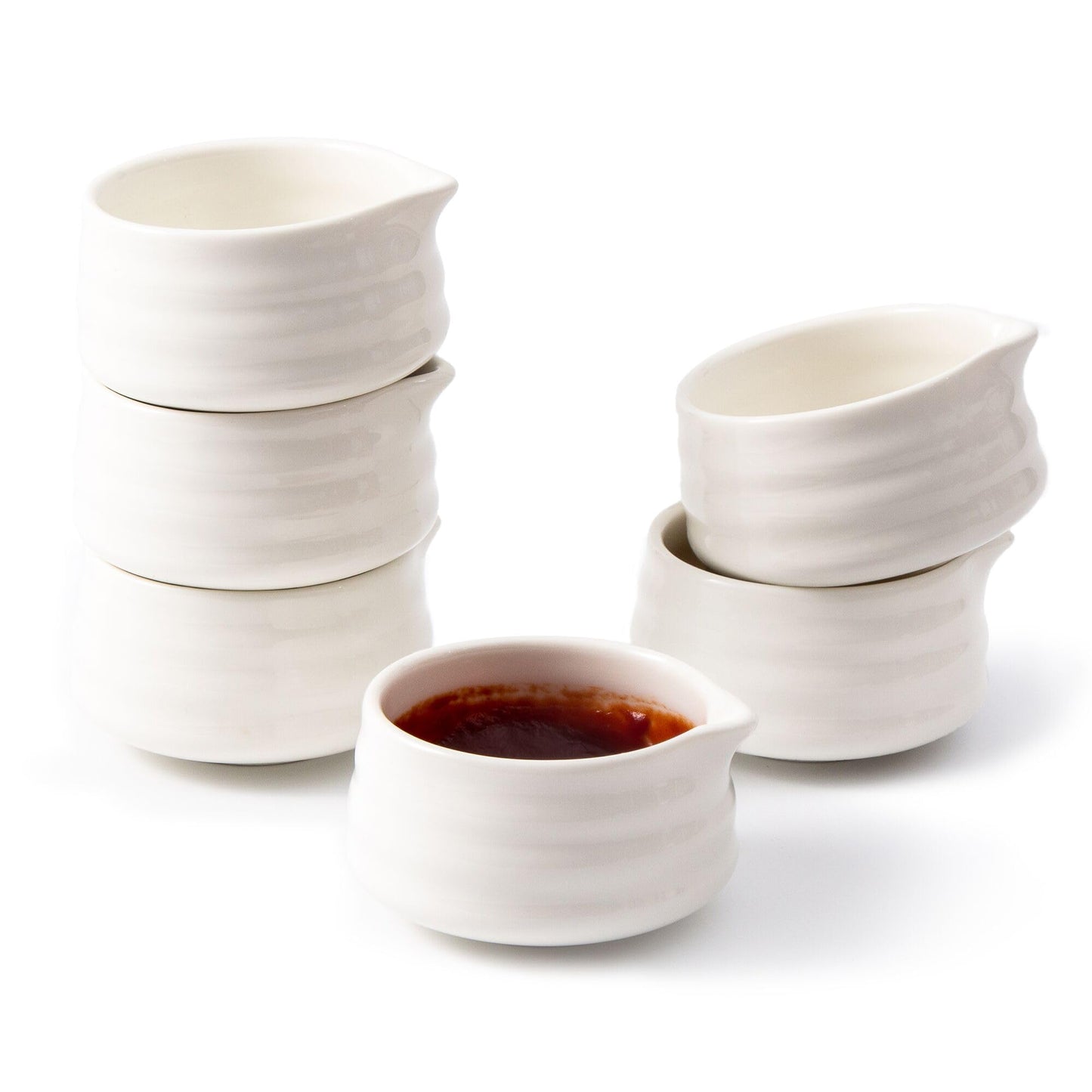 YumiPLUS 6pcs Ceramic Dipping Bowl with Spout, 3OZ Porcelain Mini Ramekins, Small Condiment Dish, Cute Pinch Bowl Set, Sauce Dish for Sushi/Ketchup/BBQ,Oven Safe