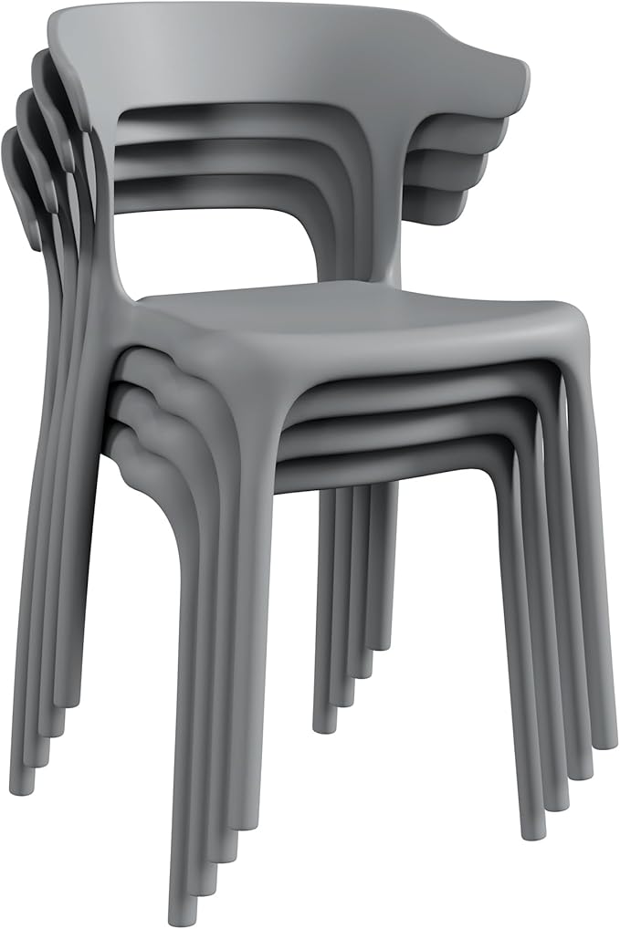 VECELO 4 Pack Plastic Stacking Chairs, Stackable Dining Chairs for Kitchen Restaurant Patio, Portable Indoor Outdoor Use, No Assembly Required, Gray