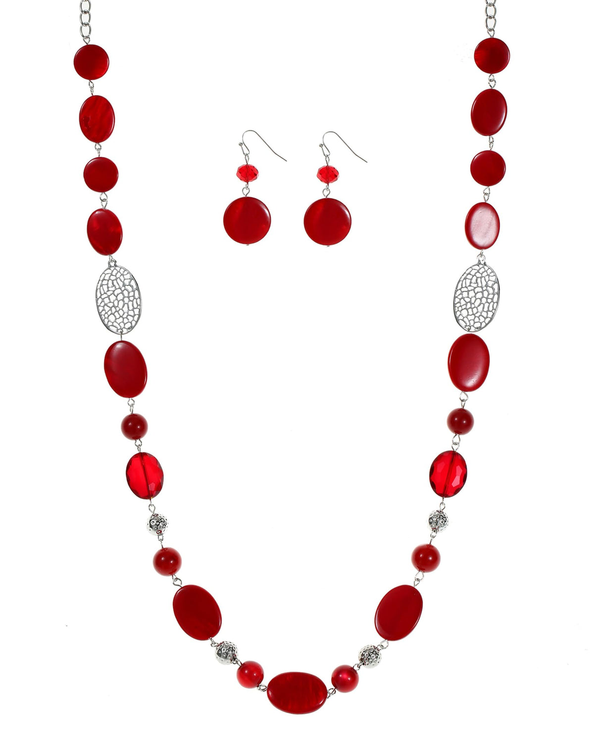 Aenu Beaded Long Necklace Set for Women Silver Gold Tone Sweater Chain Stone Crystal Beads Necklace Trendy Fashion Jewelry for Holiday Gifts (Red)