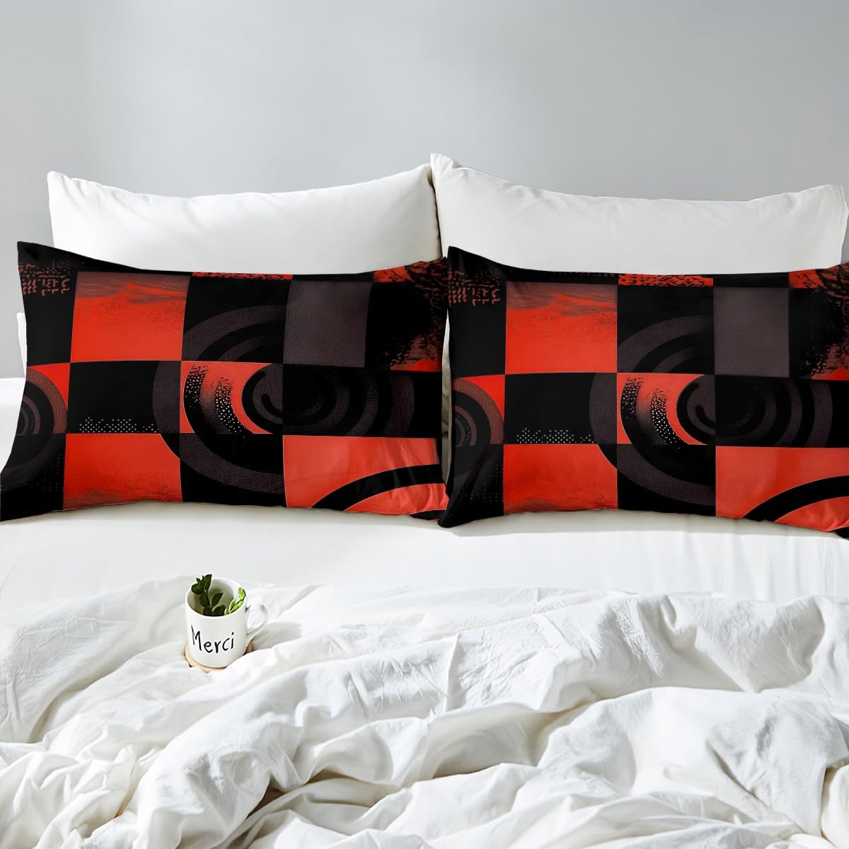 jejeloiu Black and Red Bed Sheets Set Twin Size Abstract Bed Set for Kids Boys Girls Deep Pocket Fitted Sheet Plaid Breathable Soft Lightweight Microfiber
