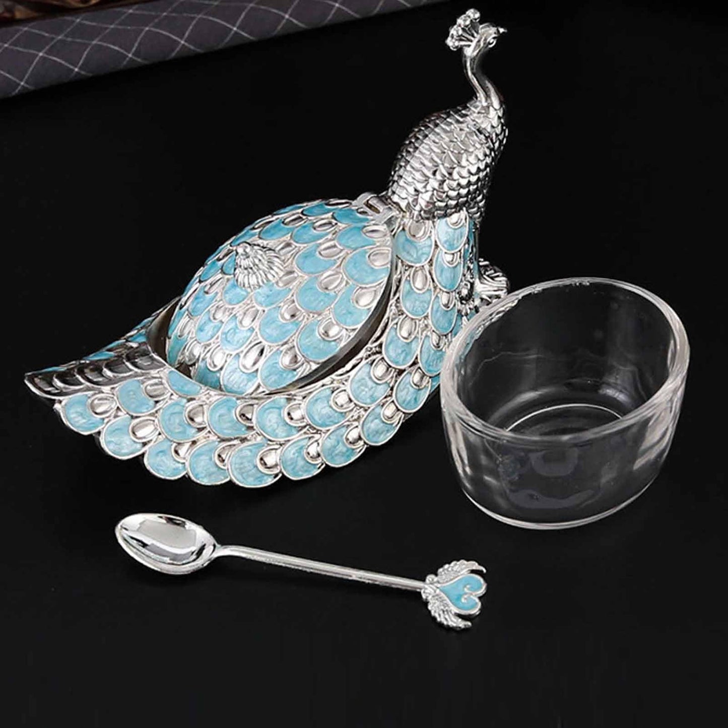NOENNULL Sugar Bowl with Lid and Spoon Peacock Shaped Vintage Exquisite Embossed Sugar Container for Home Kitchen Coffee Bar Accessories