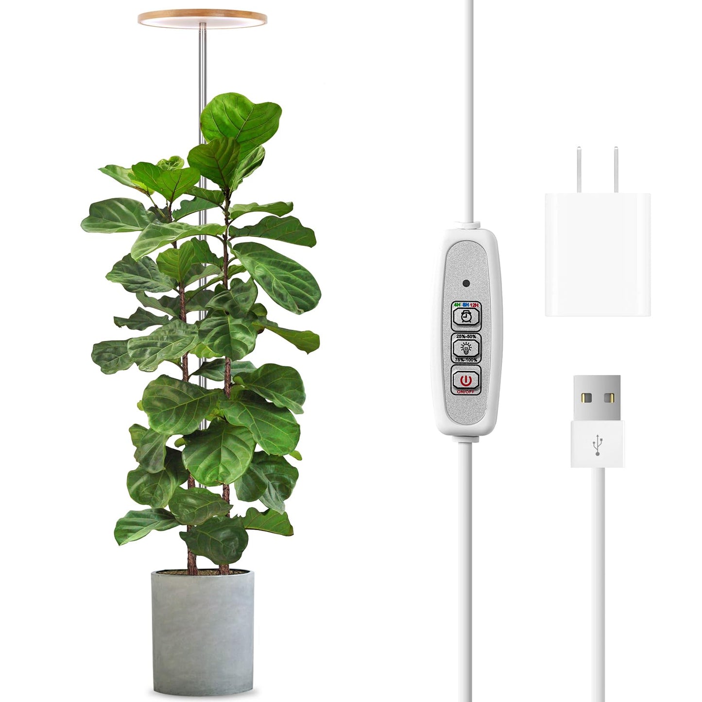 LORDEM Bamboo Grow Light, Full Spectrum LED Plant Grow Light, Height Adjustable Growing Lamp with Auto Timer 4H/8H/12H, 4 Dimmable Levels, Ideal for Large Tall Plants