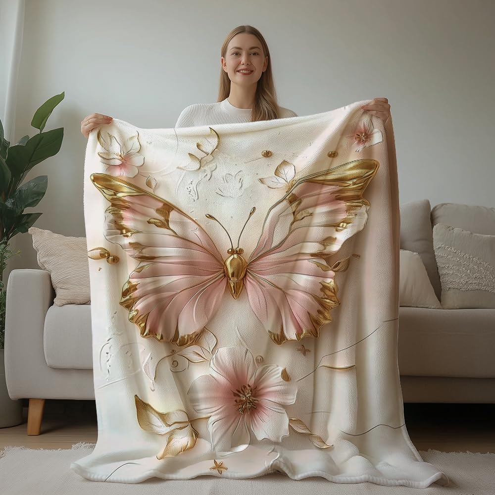 HUNXIAOJ Butterfly Print Throw Blanket Floral Butterfly Blanket Insect Throw Warm Soft Flannel for Adults Bed Sofa Couch (50 in x 60 in)