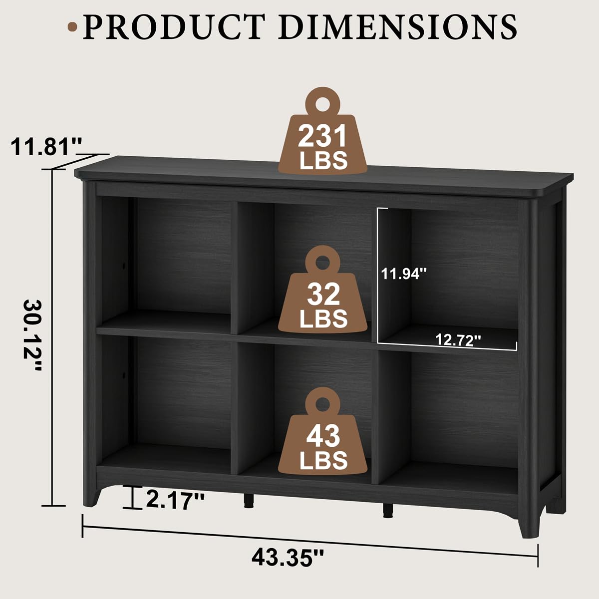 BON AUGURE 6 Cube Storage Organizer Bookcase, Horizontal Bookshelf with Curved Edge, Floor Standing Low Wooden Book Shelf for Living Room, Office -Black Oak, 43"