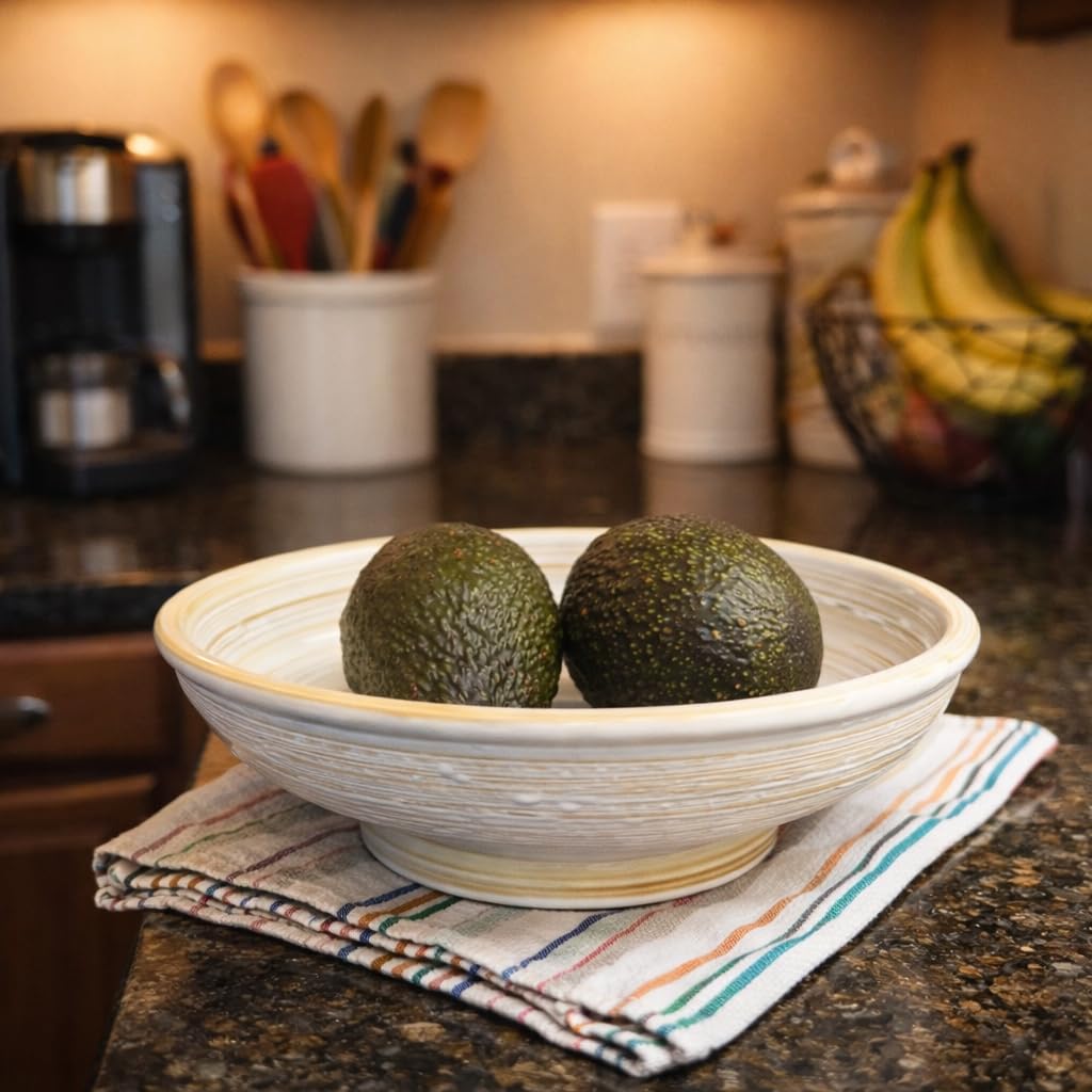 Rliguanrui 9 Inch Decorative Bowl, Embossed Textured Ceramic Centerpiece Bowl for Tabletop, Floral Fruit Display, Kitchen & Dining Serving Bowl, Farmhouse, Bohemian Home Deco