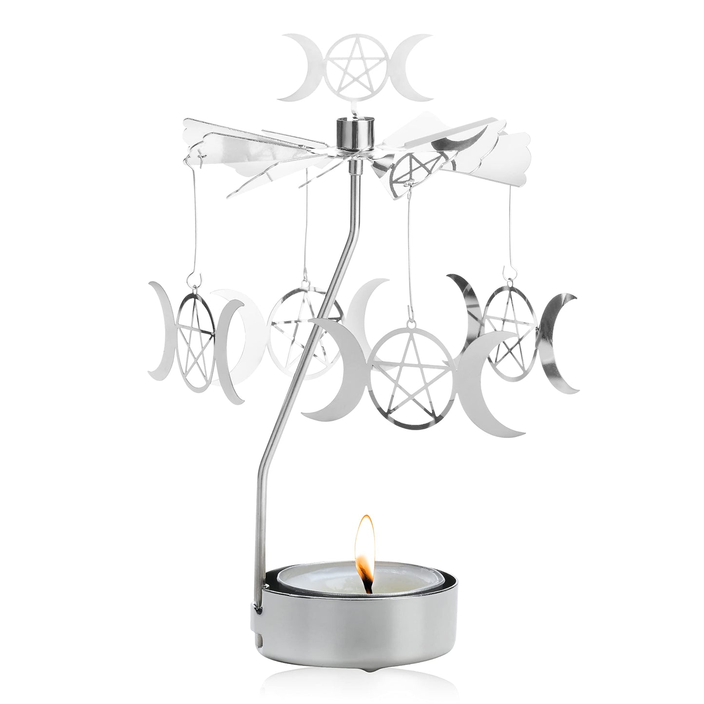 Spinning Tea Light Candle Holder, Silver Triple Moon Carousel Tealight Display, Metal Rotating Witch Decor for Altar Tables, Valentine's Day, Party Decor, Gifts