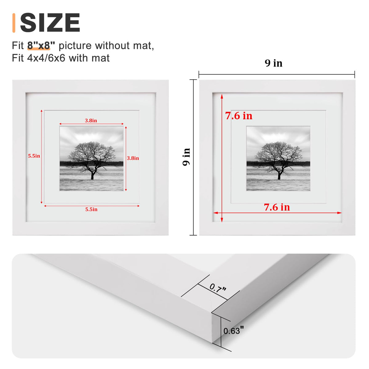 Egofine 8x8 Picture Frames 4 PCS,Solid Wood frame Fits 4x4/6x6 with Mat or 8x8 Without Photo Frame Covered by Plexiglass,for Wall Hanging and Tabletop,Wooden Square Picture Frame,White