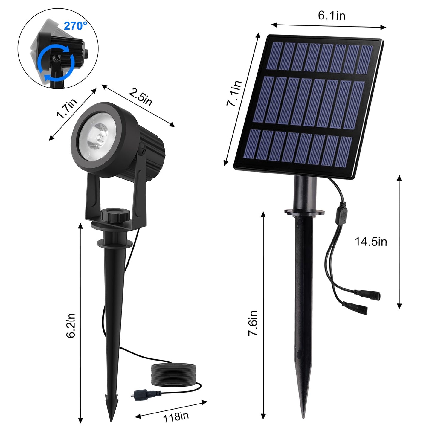 T-SUN 2W Solar Spotlights, IP65 Waterproof 9.8ft Cable Lenght 270° Angle Adjustable Auto On/Off with 2 Warm White Dual Spot Headlamp Garden Lamp Landscape Lamp for Tree,Patio, Yard, Garden