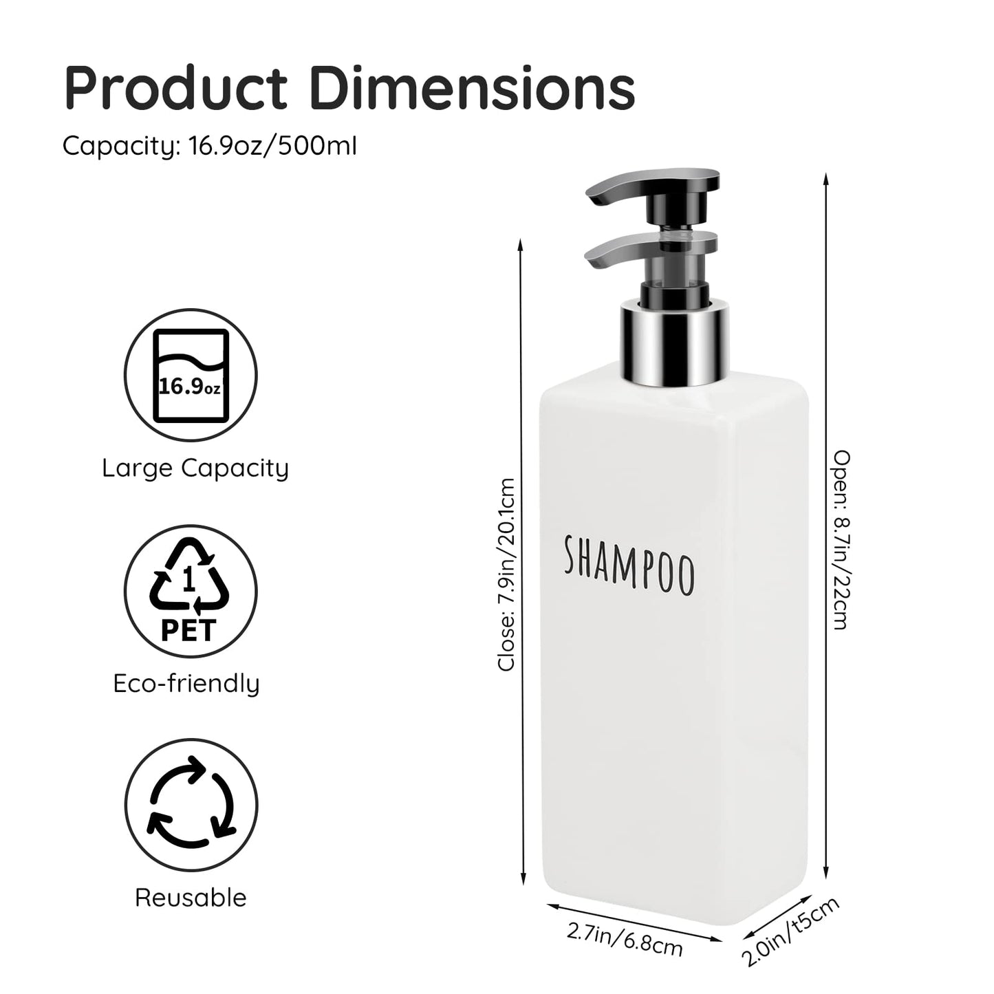 Segbeauty Square Soap Dispenser Refillable, 3pcs 16.9oz Plastic Pump Bottles, 500ml Empty Reusable Modern Bathroom Kitchen Liquid Container Set for Dispensing Shampoo Conditioner Body Soap White