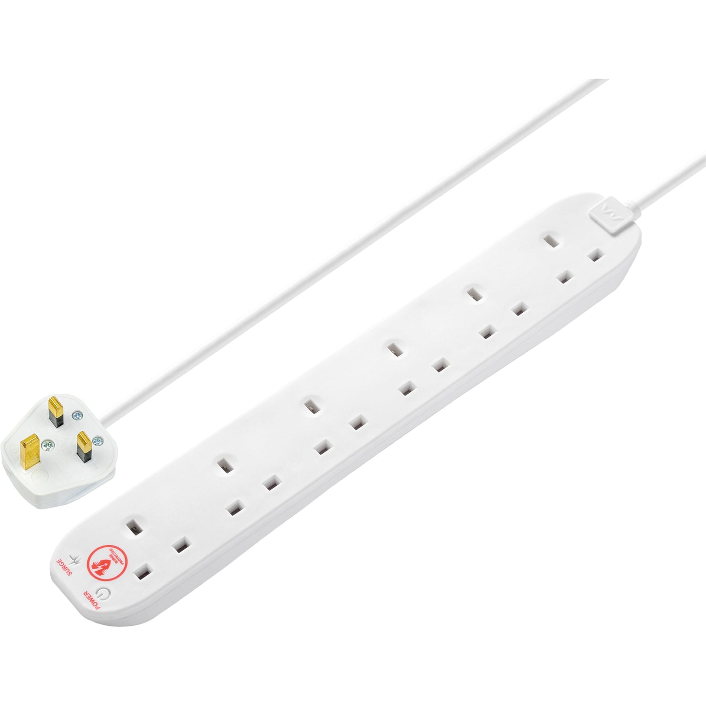 Masterplug Six Socket Extension Lead with Surge Protection, Power and Surge LED Indicators, Unswitched, 2 Metre Cable, 6-Way Plug Extension Cable, Power Strip, White, 13A, 6G, 2m, SRG6210N