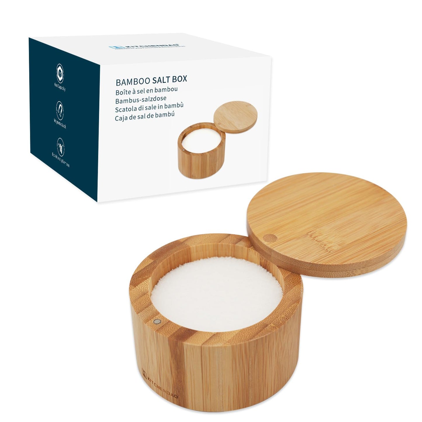 KITCHENDAO Bamboo Salt Cellar Bowl Box with Swivel Magnetic Lid to Store Pepper Spice