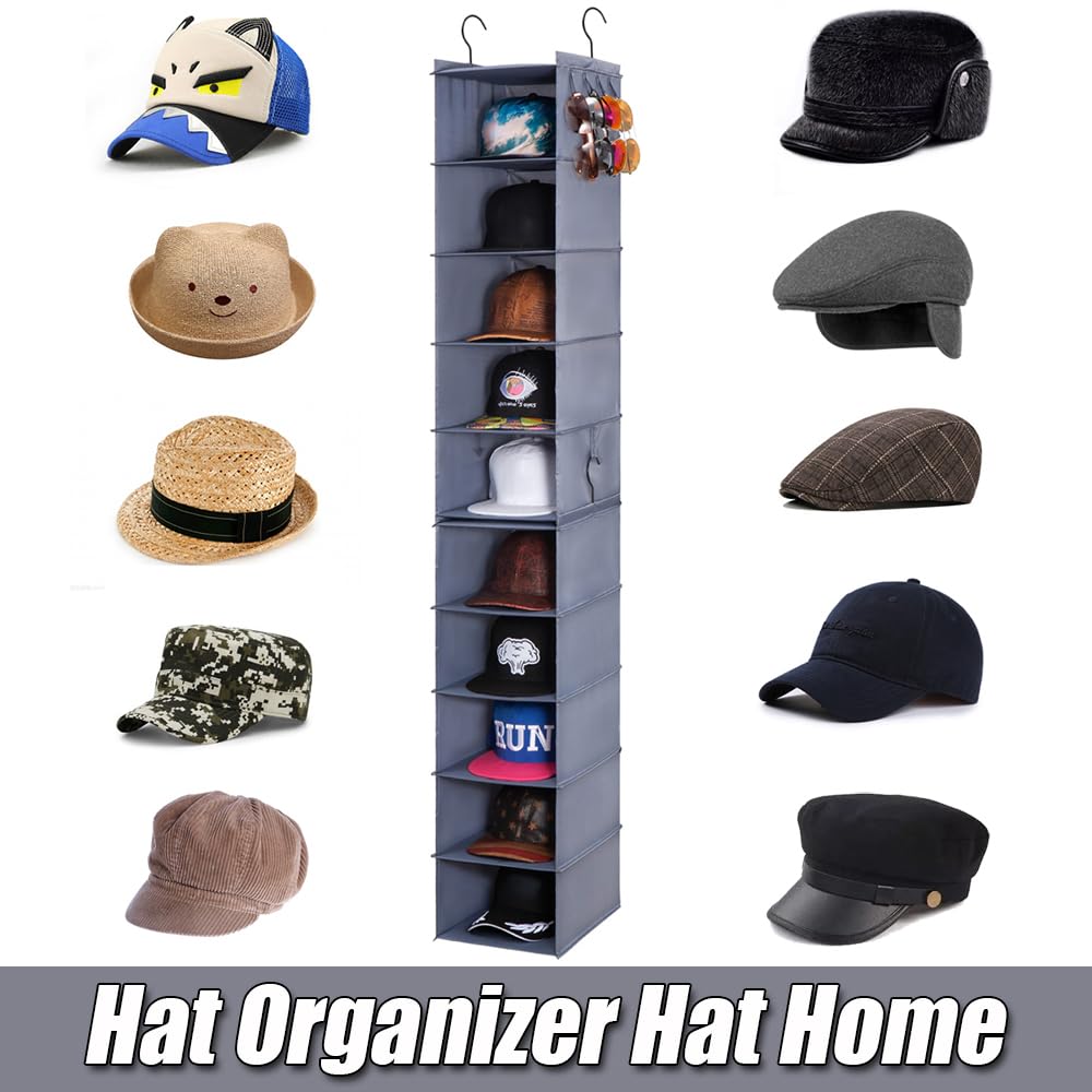 LADYBRO Baseball Cap Storage for Closet Hanging Hat Organizer Hat Rack 10-Shelf or 2 Pcs 5-Shelf, Trucker Dad Golf Cap Newsboy Container Display Hanger Holder Oxford Cloth Space Saver