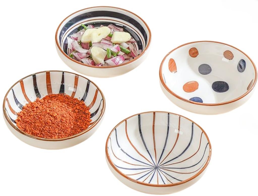 yaocoral 4 Pack 3 oz Cute Japanese Soy Sauce Dish Small Dipping Sauce Bowls Ceramic Sushi Dipping Bowls for Sushi,Side Dish,Ketchup,Dips,Condiment,Snack,BBQ Party