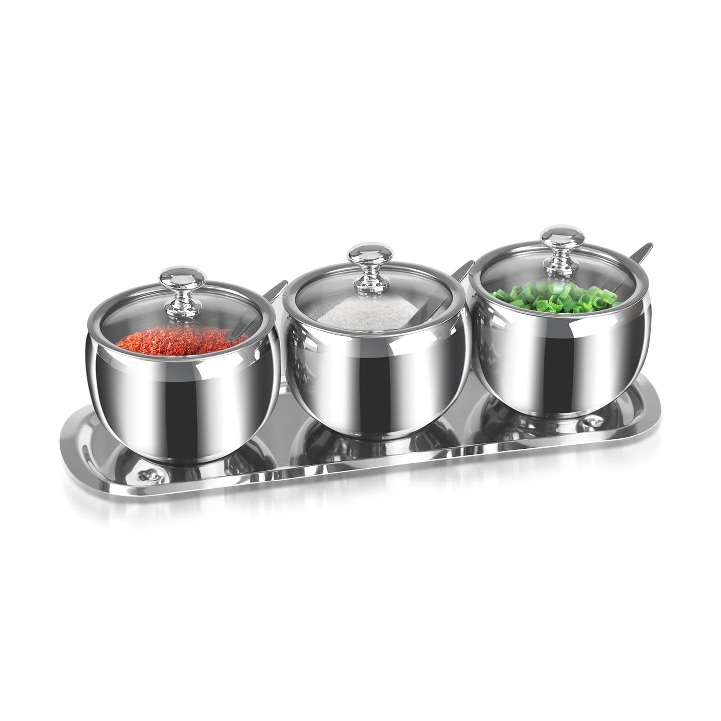Roucerlin 3 Grids 10 Oz Stainless Steel Sugar Bowl with Spoon Tray Lid, Silver Salt Spice Containers Dispenser Set, Sugar Jar Holder Dish for Coffee Bar Storage Seasoning Kitchen Countertop (Silver)