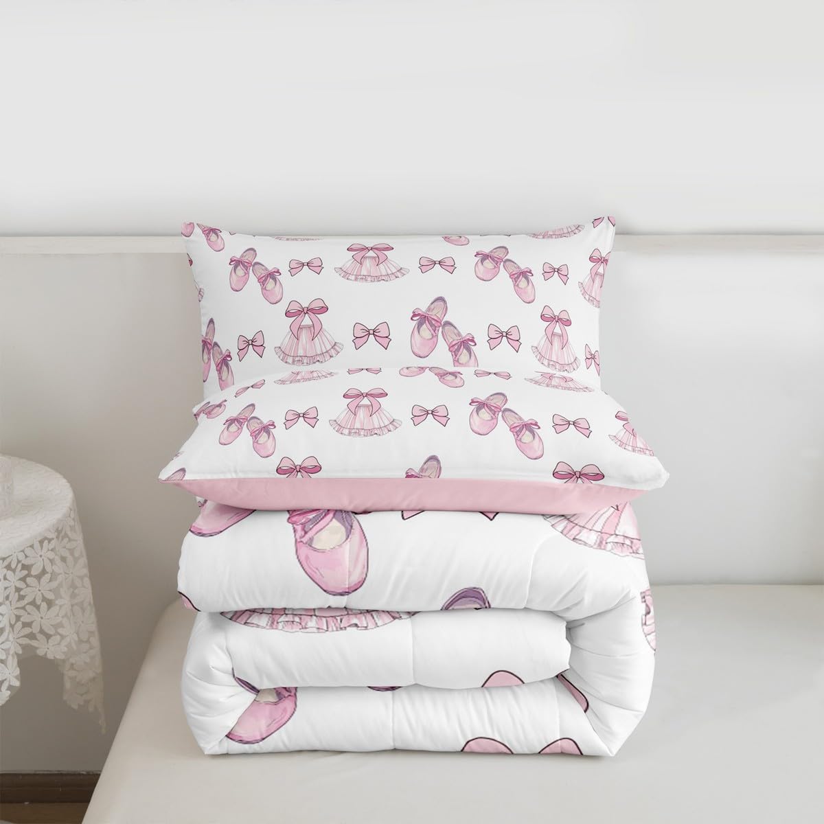 Erosebridal Girls Bow Comforter Set Ribbon Bowknot Ballet Skirt Full Size Bedding Sets | Ballerina Toe Shoe Comforter Kawaii Little Ballet Princess Bed Set