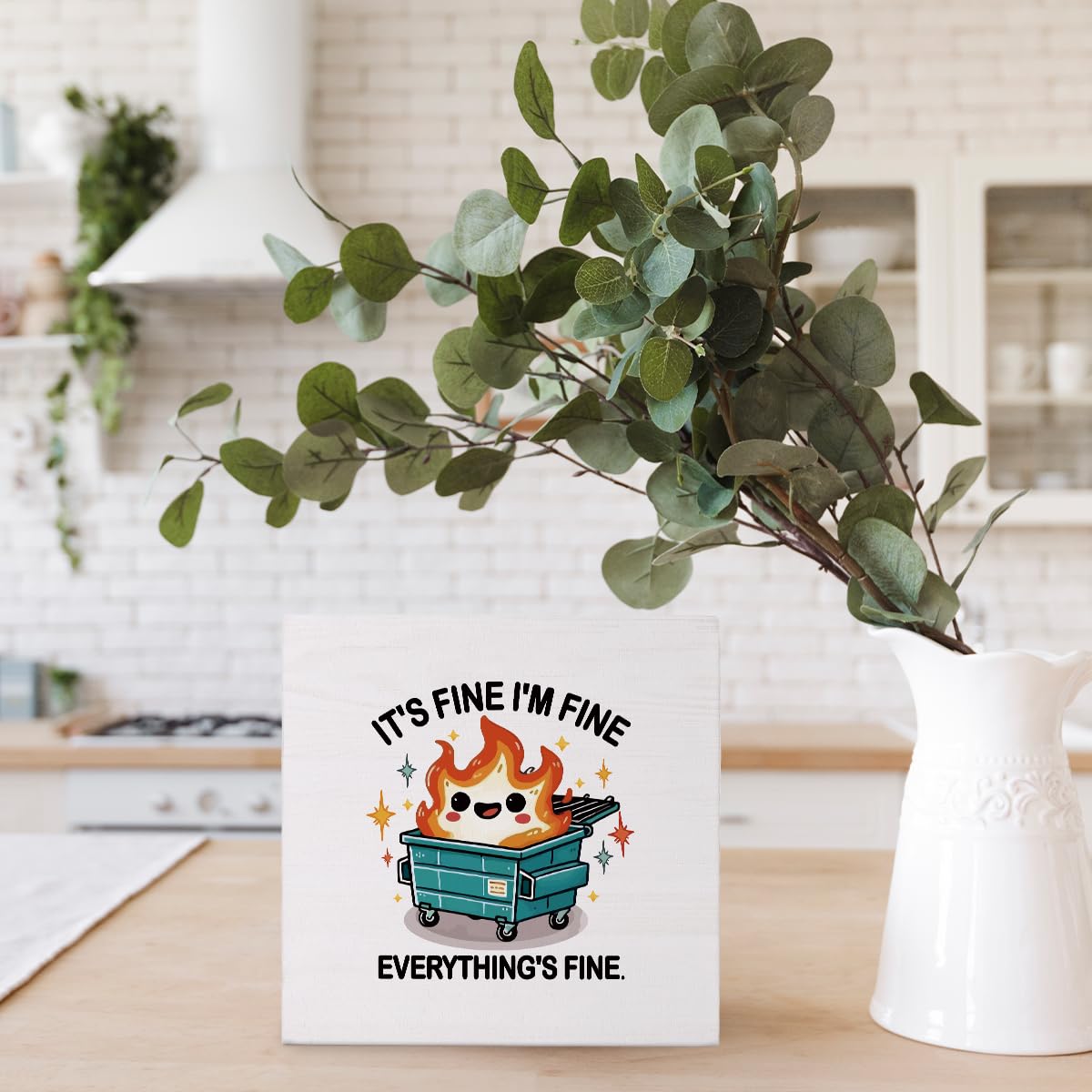 FLVGE Dumpster Fire Desk Accessories Dumpster Fire Ornament Funny Desk Sign Décor, Gifts for Coworker, Boss, Men, Women,It's Fine I'm Fine Everything is Fine,5x5 Inch