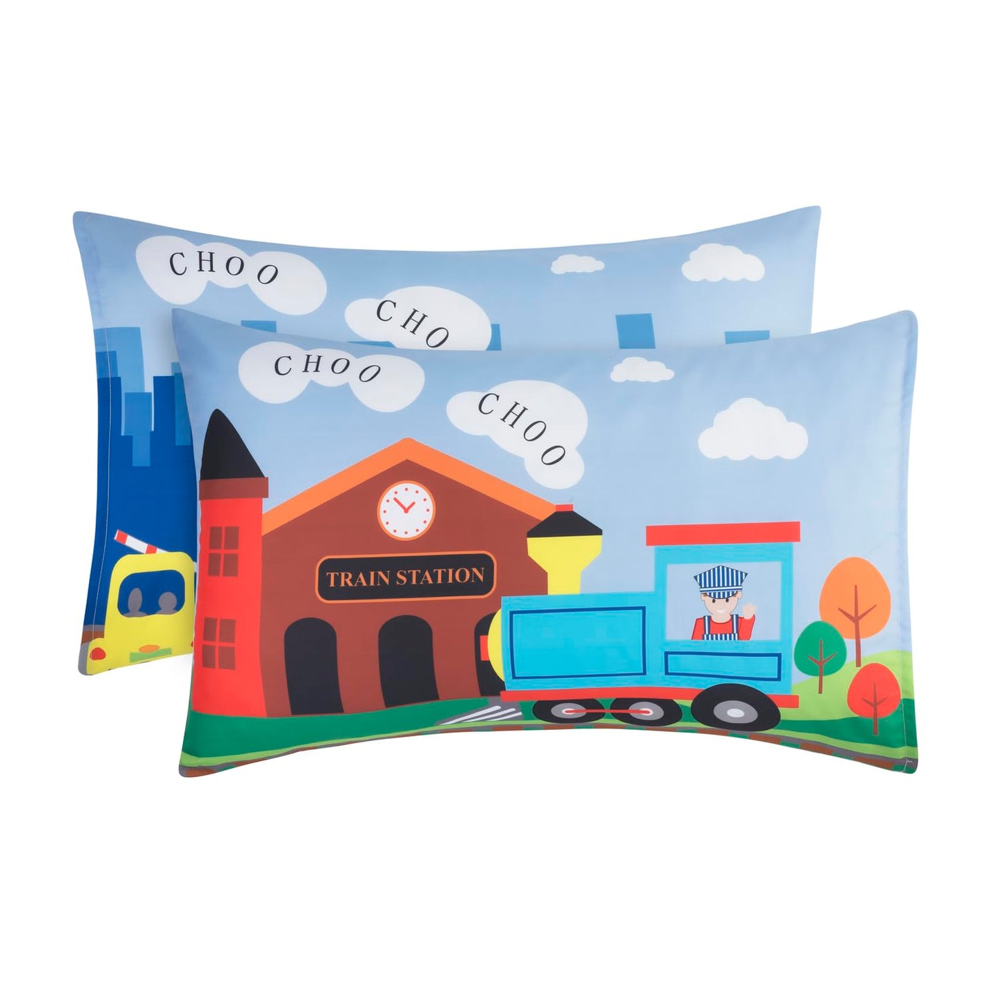 EVERYDAY KIDS 4 Piece Toddler Bedding Set -Choo Choo Train- Includes Comforter, Flat Sheet, Fitted Sheet and Reversible Pillowcase